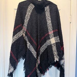 Plaid Turtleneck Poncho Sweater - Black and White